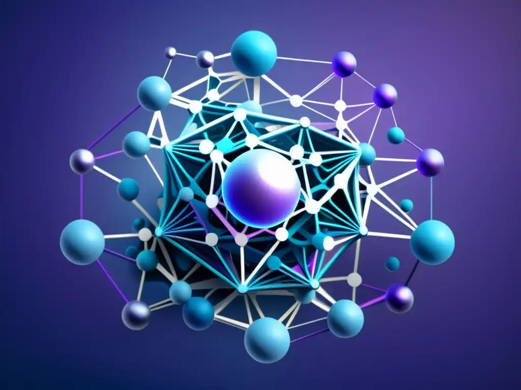 Una obra digital futurista y abstracta que muestra la evolución de algoritmos de inteligencia artificial en una red interconectada de nodos y caminos en tonos de azul, púrpura y plateado, transmitiendo avance e innovación tecnológica