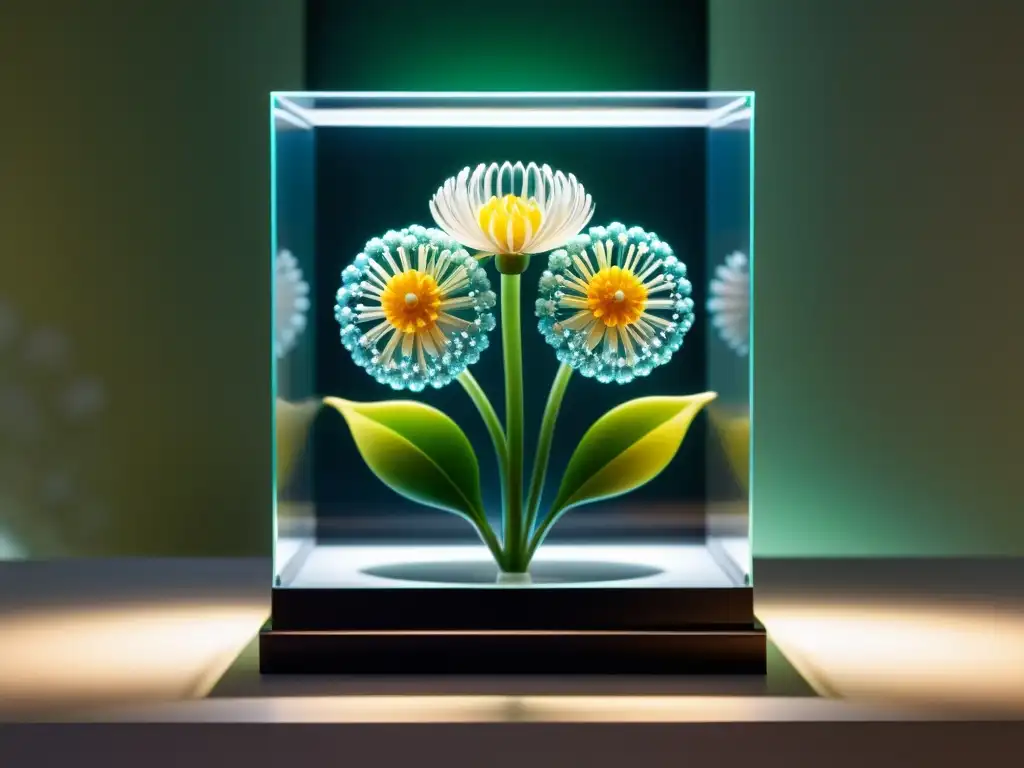 Obra de nanotecnología en el arte: escultura de moléculas formando una delicada flor en estuche de exhibición transparente, con reflejos de luz y colores en galería moderna