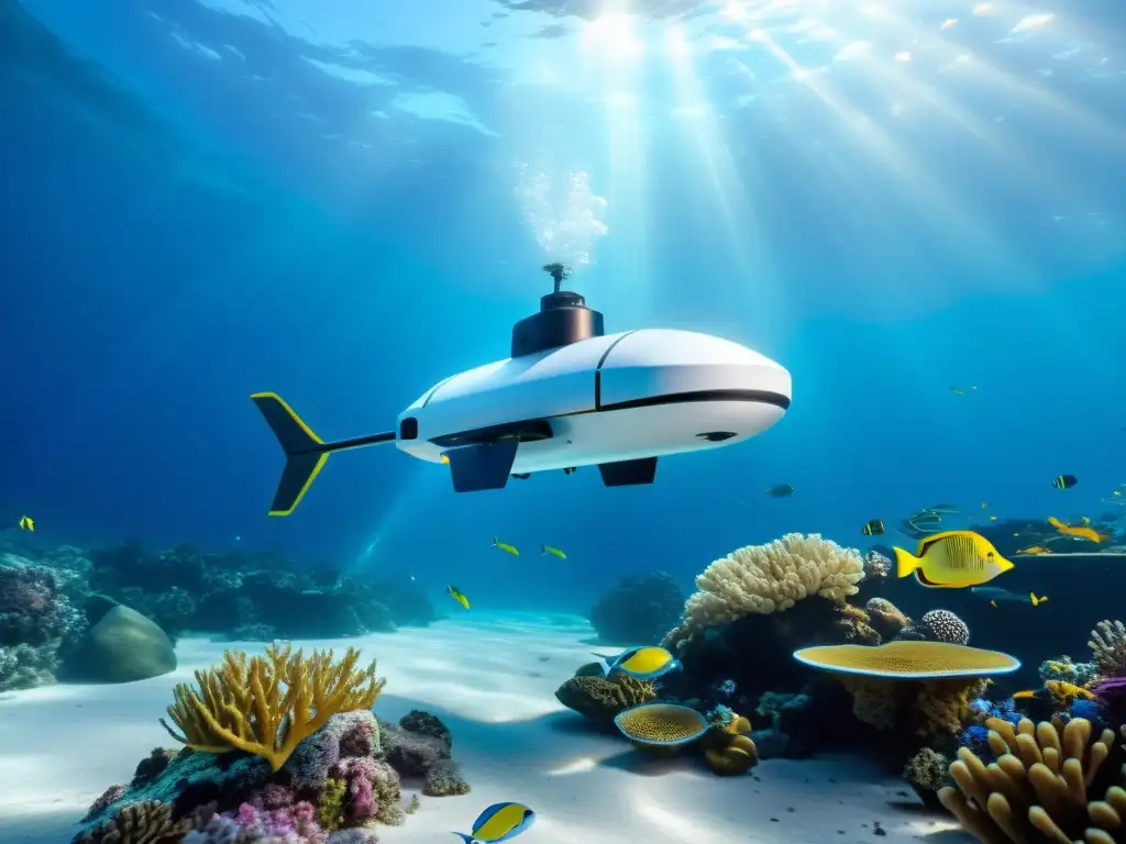 Exploración oceánica con inteligencia artificial: Drone autónomo navegando entre vida marina y arrecifes de coral en aguas azules