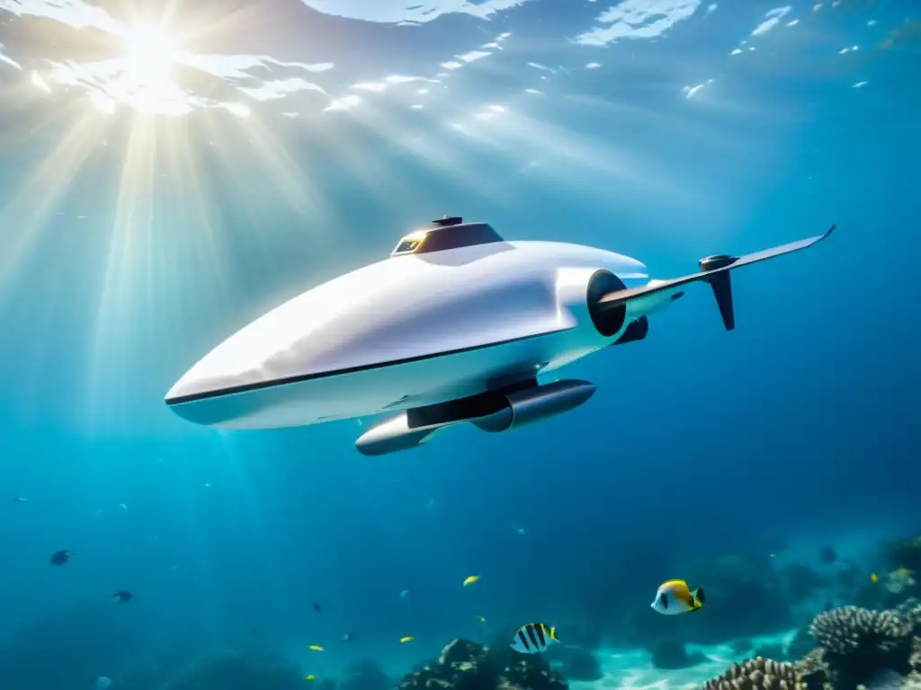 Exploración oceánica con inteligencia artificial: drone futurista surcando aguas cristalinas entre vida marina y corales vibrantes