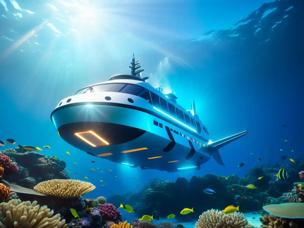 Exploración oceánica con tecnologías emergentes: un impresionante submarino futurista navega entre peces y corales en el profundo océano azul