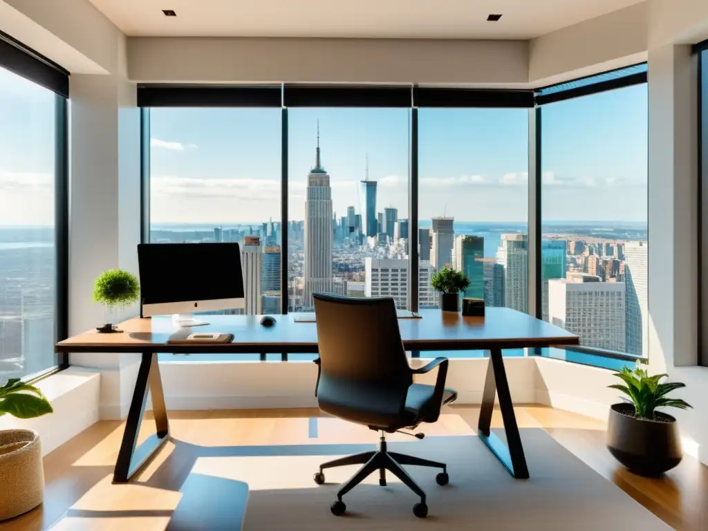 Oficina en casa con decoración minimalista y vista panorámica de la ciudad