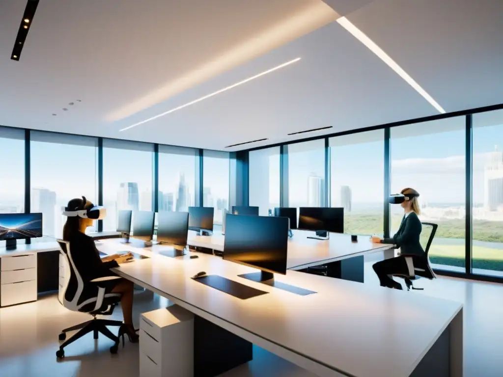 Oficina de firma arquitectónica con diseño minimalista y tecnología VR