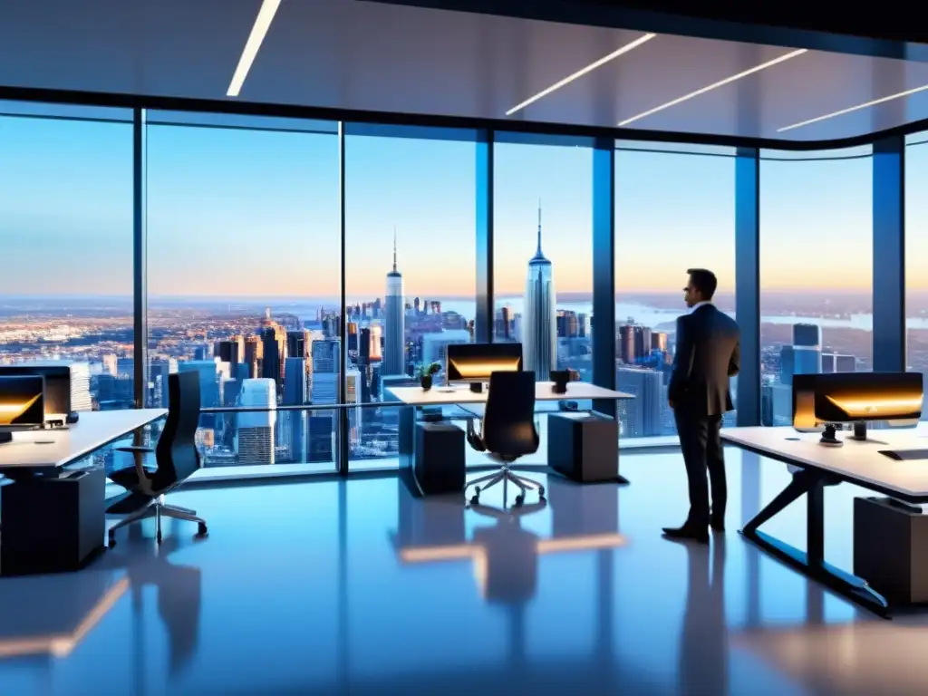 Oficina futurista: Integración perfecta de tecnología y trabajo humano Oficina futurista con integración de tecnología AI y empleados, reflejando el impacto de la inteligencia artificial en el empleo