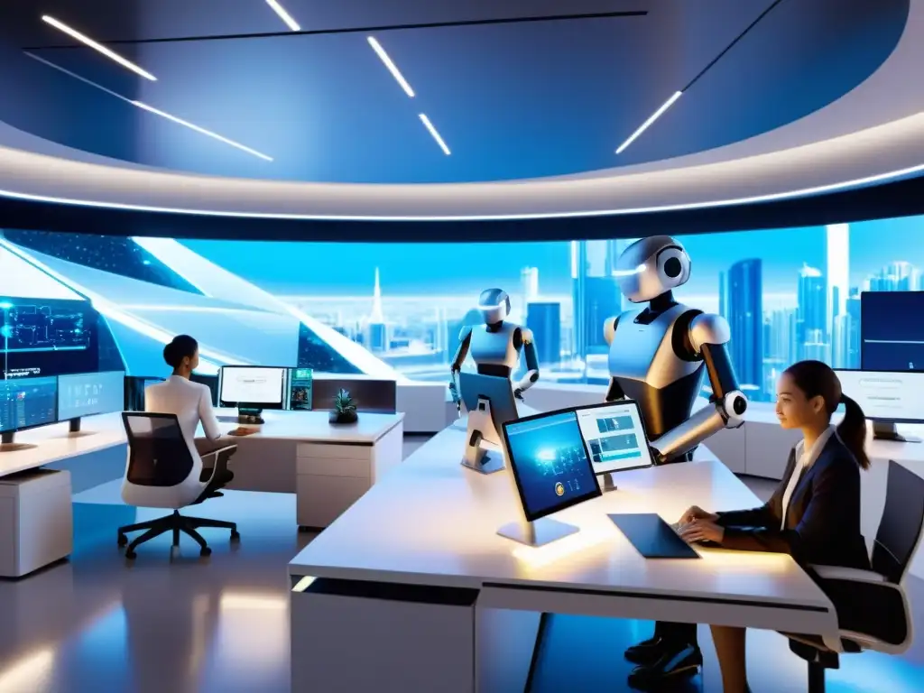 Oficina futurista: humanos y robots trabajando juntos Oficina futurista con robots y empleados colaborando, mostrando el impacto de la inteligencia artificial en el empleo