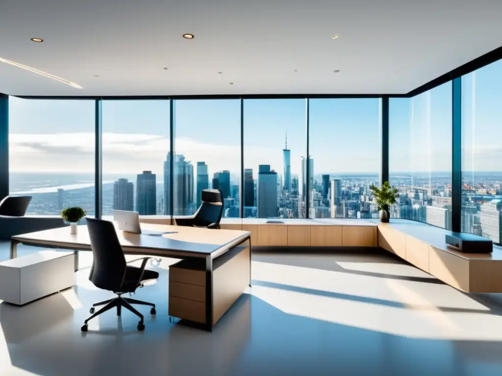 Oficina futurista con tecnología IoT y diseño vanguardista Oficina moderna con diseño minimalista y tecnología IoT, transformación espacio laboral IoT