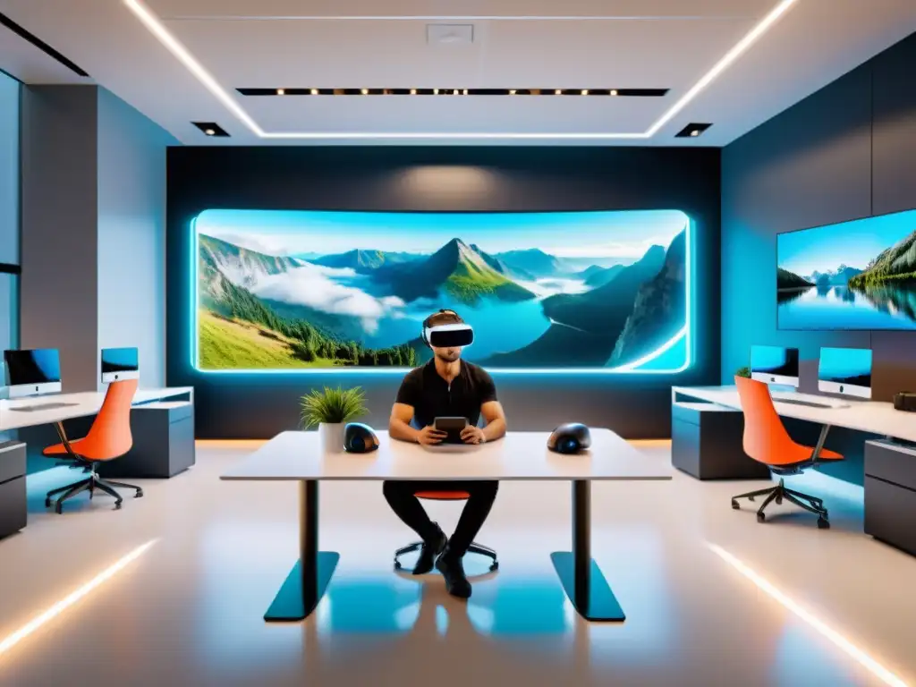 Oficina moderna con empleados utilizando tecnología de realidad virtual para diseñar espacios ergonómicos