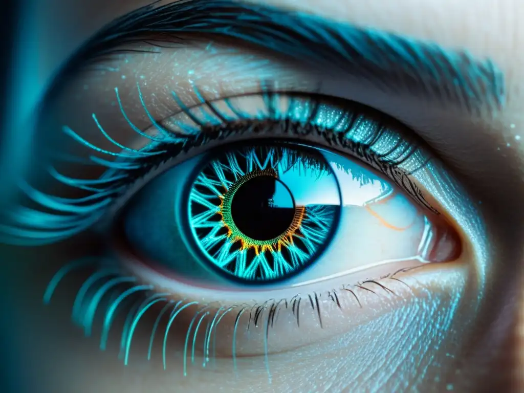Ojo futurista con datos digitales en iris - riesgos 5G Ojo con datos digitales y conexiones, simbolizando riesgos de privacidad del 5G