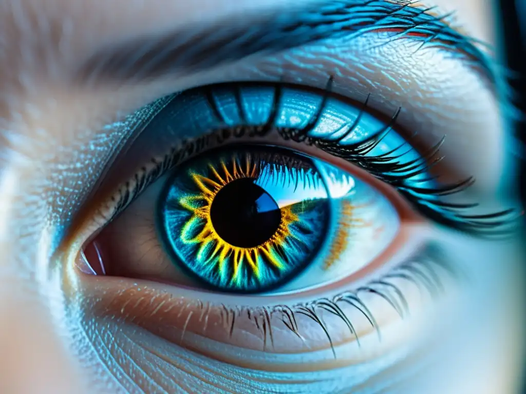 Un ojo humano en primer plano, con la tecnología de escáner de iris en acción, mostrando los patrones e colores del iris