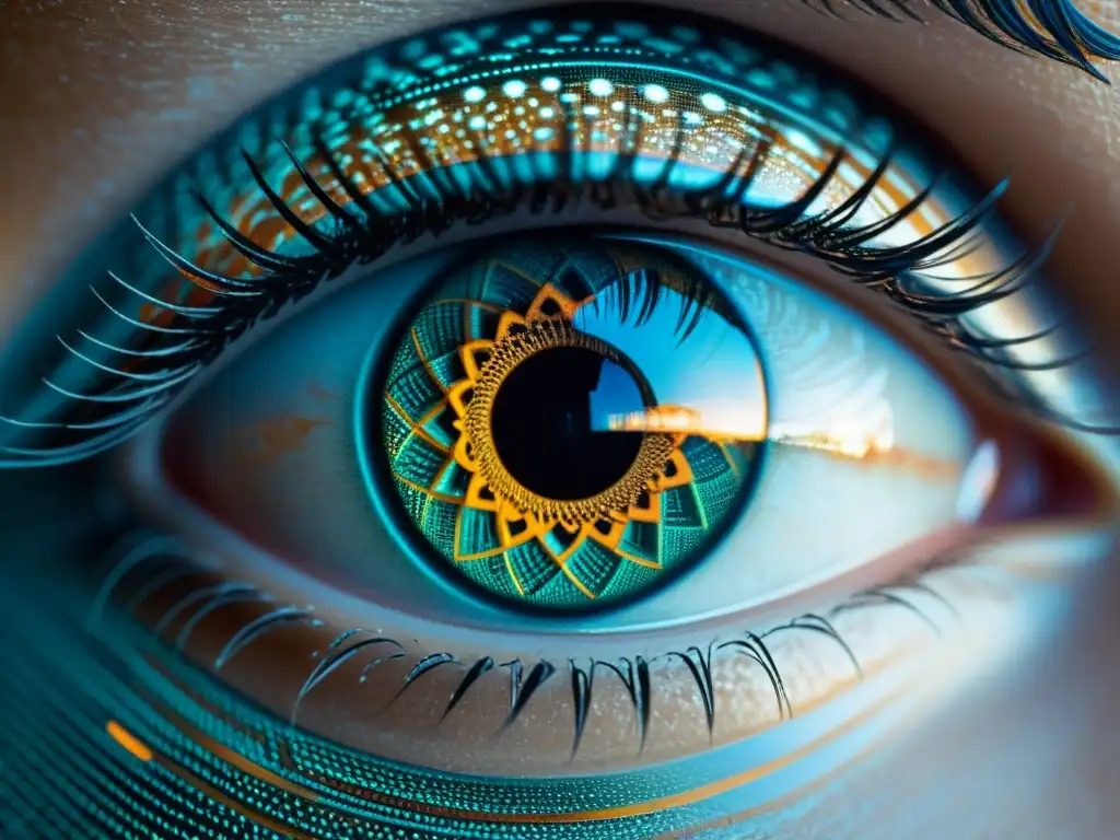 Un ojo con patrones e intrincadas reflexiones, simbolizando la privacidad en la era de la IA con una estética futurista y toque tecnológico