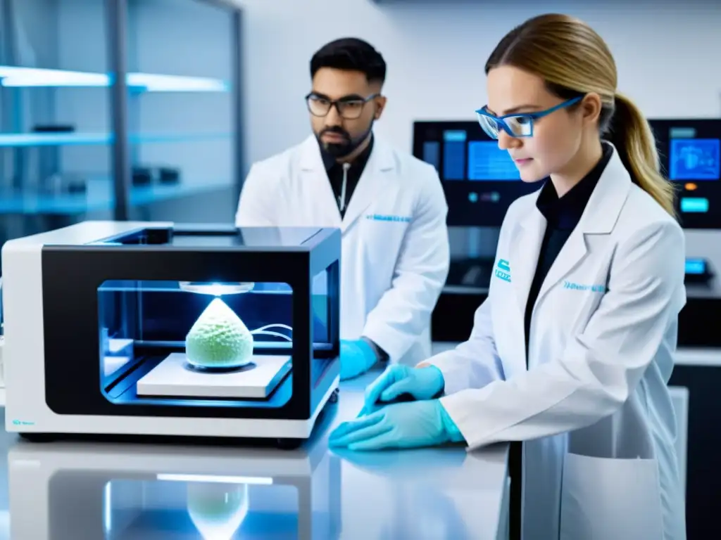 Bioimpresión 3D de órganos y tejidos: Un laboratorio futurista con científicos imprimiendo tejidos orgánicos en un avanzado biopiinter 3D