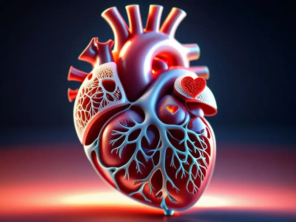 Bioimpresión 3D de órganos y tejidos: detallada representación de un corazón humano biotecnológico, con redes de vasos sanguíneos y cámaras