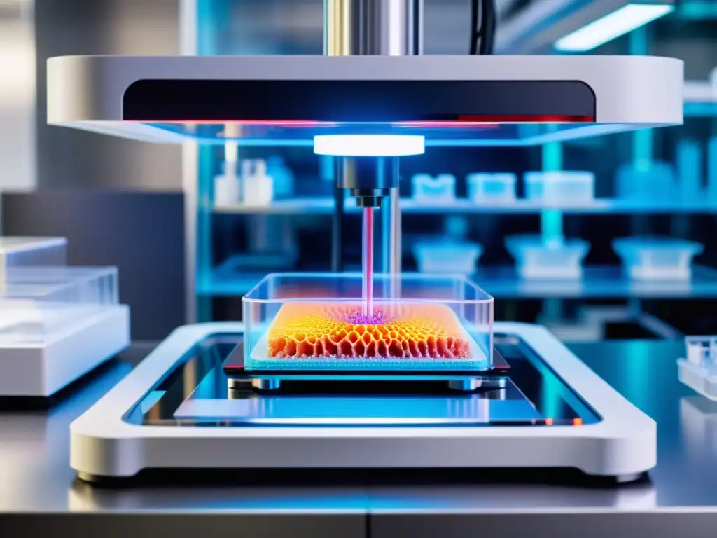 Bioimpresión 3D de órganos y tejidos: Imagen de alta resolución de una bioimpresora en acción, depositando células y biomateriales para crear órganos complejos en un entorno de laboratorio moderno y avanzado