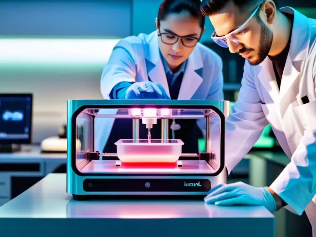 Bioimpresión 3D de órganos y tejidos: Innovación en 3D bioprinting con bioink vibrante, un laboratorio futurista y científicos observando con atención