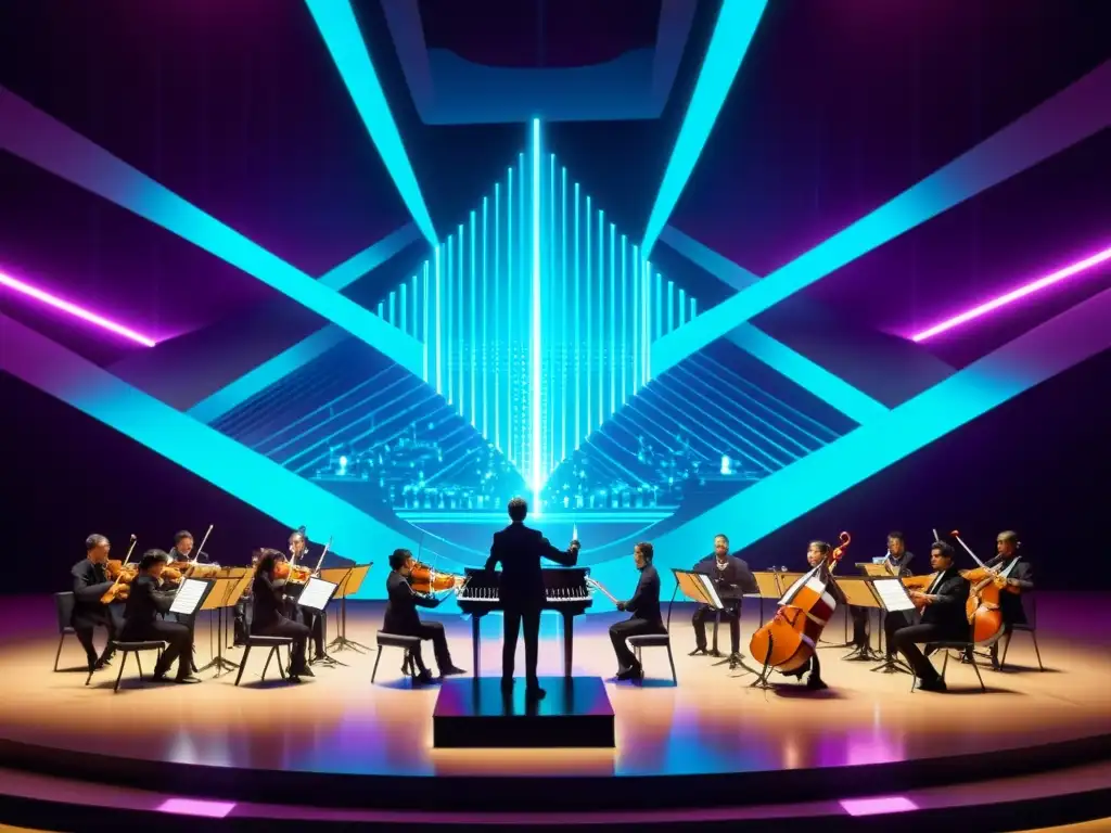 Una orquesta futurista dirigida por un robot en un escenario de neón, fusionando música tradicional con elementos futuristas