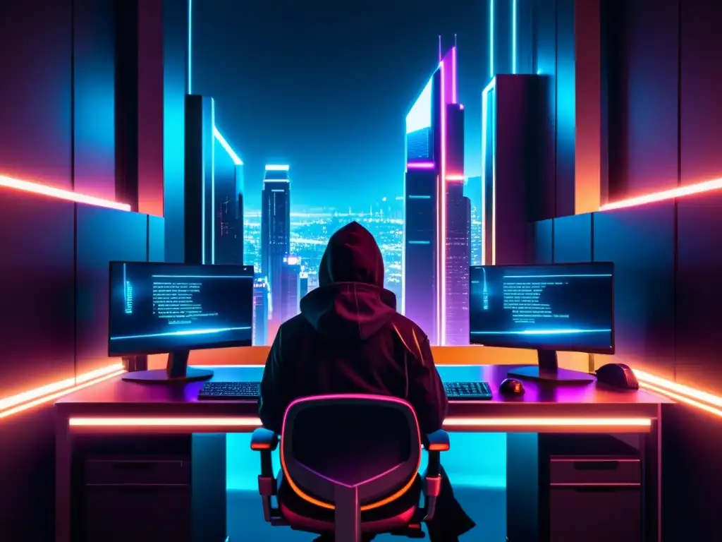 Hacker's Lair: Ciudad futurista y misteriosa En el oscuro paisaje futurista, la guarida oculta de un hacker se revela con luces de neón