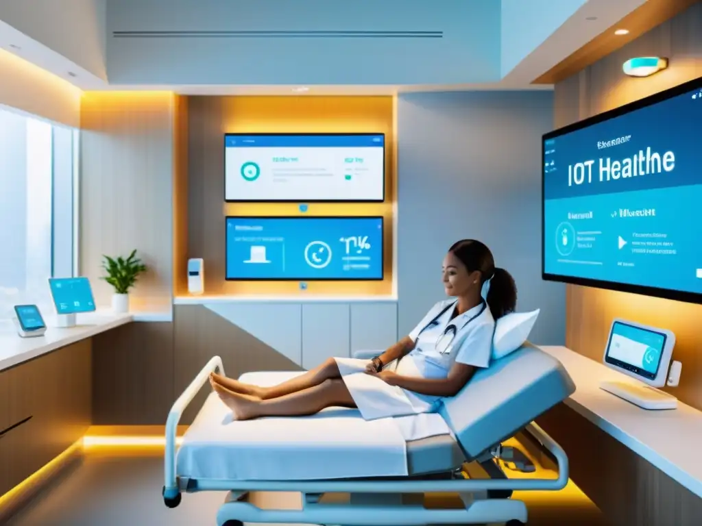 Paciente en moderna habitación hospitalaria con tecnología IoT mejorando calidad de vida