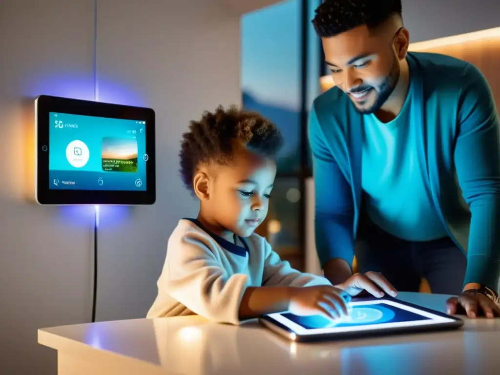 Un padre ajusta el control parental en tecnología IoT mientras su hijo usa una tablet en un hogar futurista y acogedor