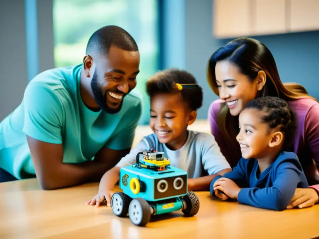 Padres e hijos colaboran felices para construir y programar un robot, destacando la importancia de la participación parental en robótica educativa