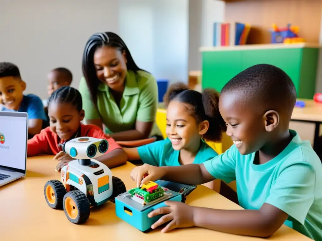 Padres e hijos construyen robots juntos en un ambiente educativo y colorido