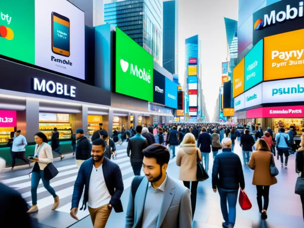 Pagos móviles revolución financiera tecnológica: Imagen de bulliciosa calle urbana, gente usando smartphones para pagar en tiendas y puestos