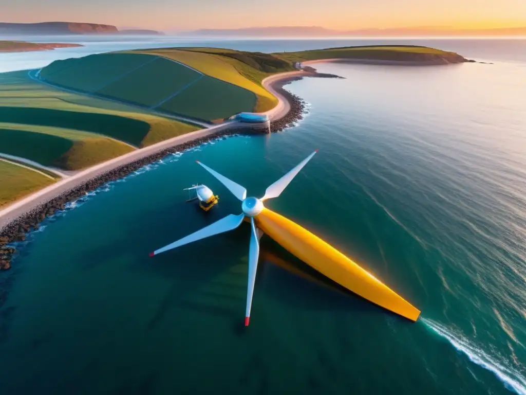 Un paisaje costero con granja de turbinas mareomotrices, reflejando el potencial y desafíos de la energía mareomotriz en un atardecer vibrante