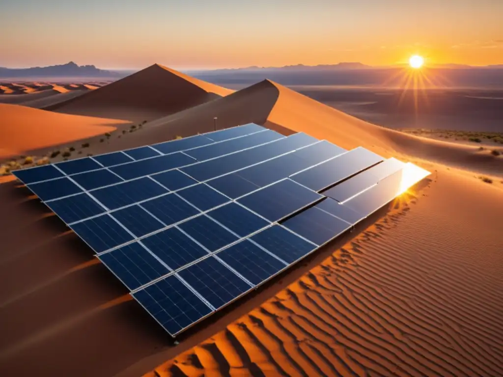 Un paisaje desértico bañado por la cálida luz del atardecer, donde destaca una impresionante instalación de paneles solares