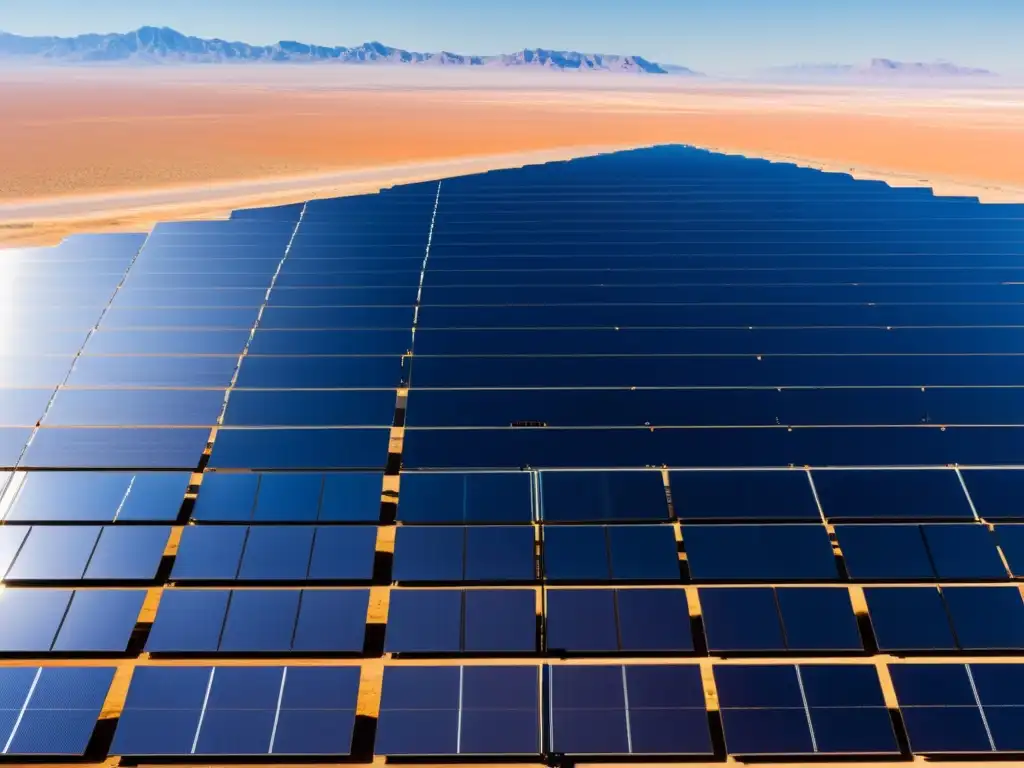 Un paisaje desértico con paneles solares relucientes, mostrando tecnología moderna y potencial para energía limpia y cooperación global