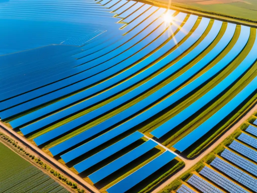 Granja solar brillante y estación de hidrógeno: un futuro sostenible Un paisaje deslumbrante de un extenso parque solar con paneles relucientes que capturan la luz del sol, formando un patrón hipnotizante en el suelo