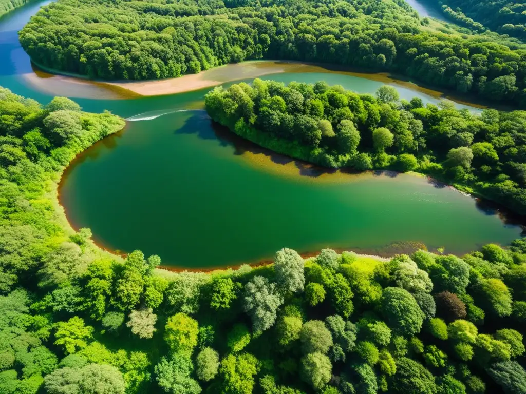 Un paisaje exuberante de bosque con un río serpenteante, reflejando la biodiversidad y belleza natural