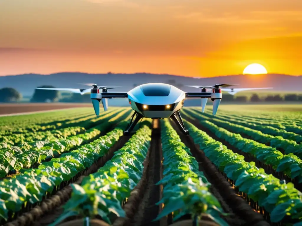 Un paisaje agrícola futurista con cultivos vibrantes y maquinaria automatizada, integrando la inteligencia artificial en cultivo agrícola