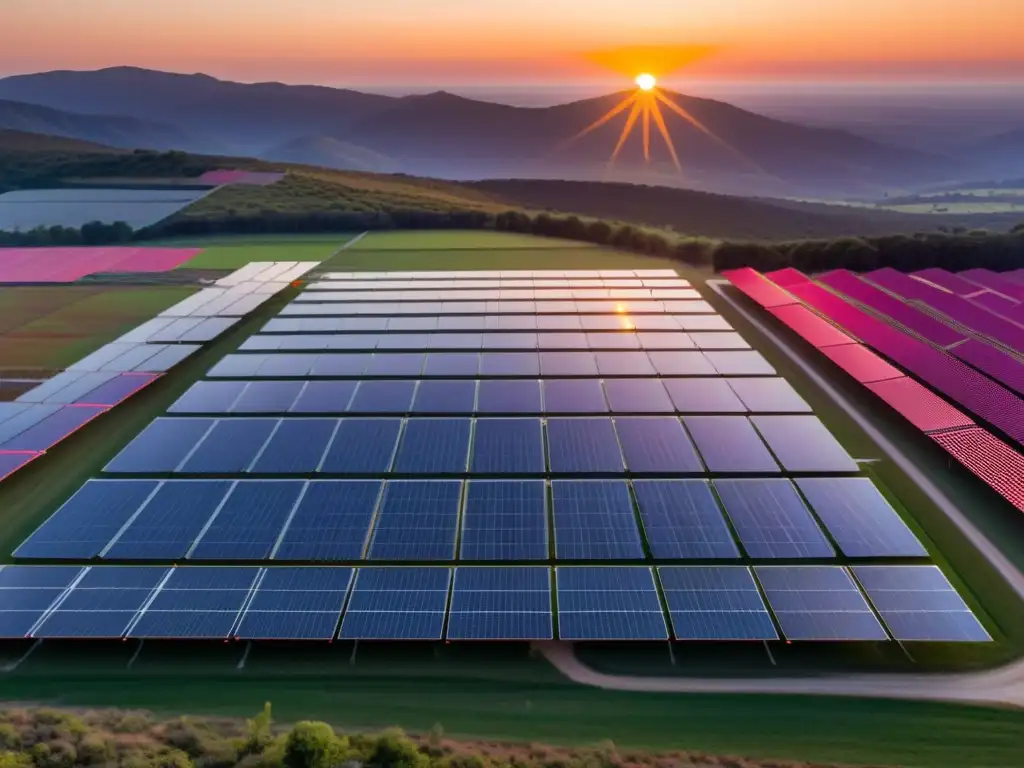 Un paisaje futurista y sereno de un extenso campo de paneles solares al atardecer, con tonos naranjas y rosados vibrantes