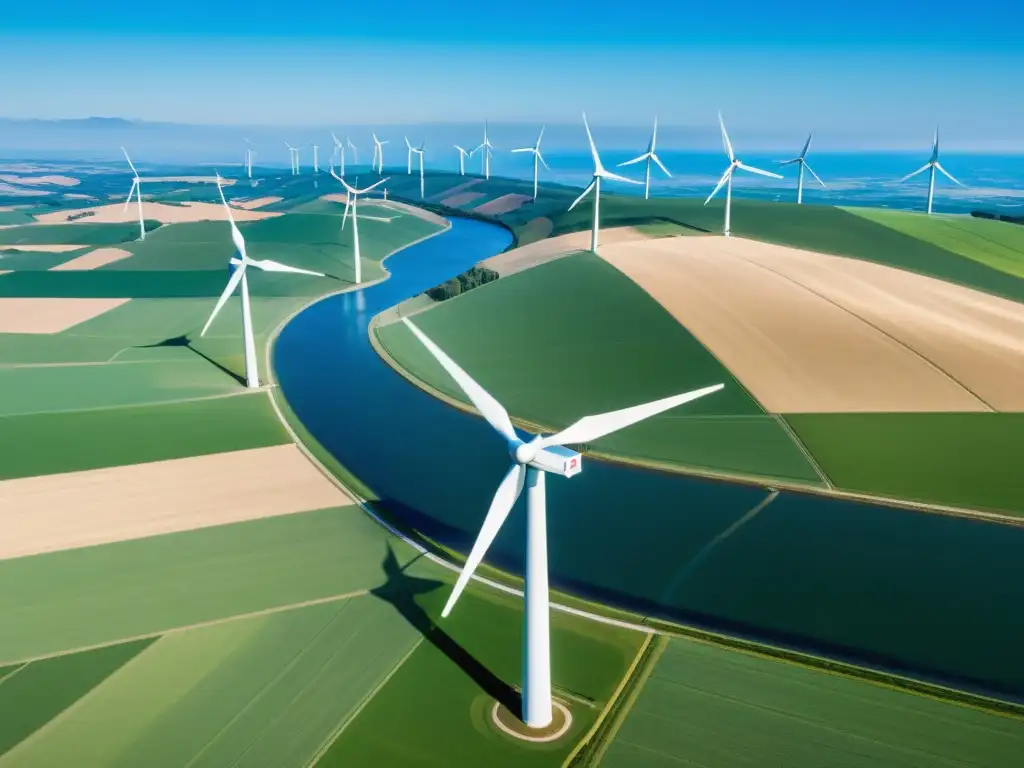 Un paisaje impresionante de un vasto parque eólico, con modernos aerogeneradores en filas, girando en armonía con el viento