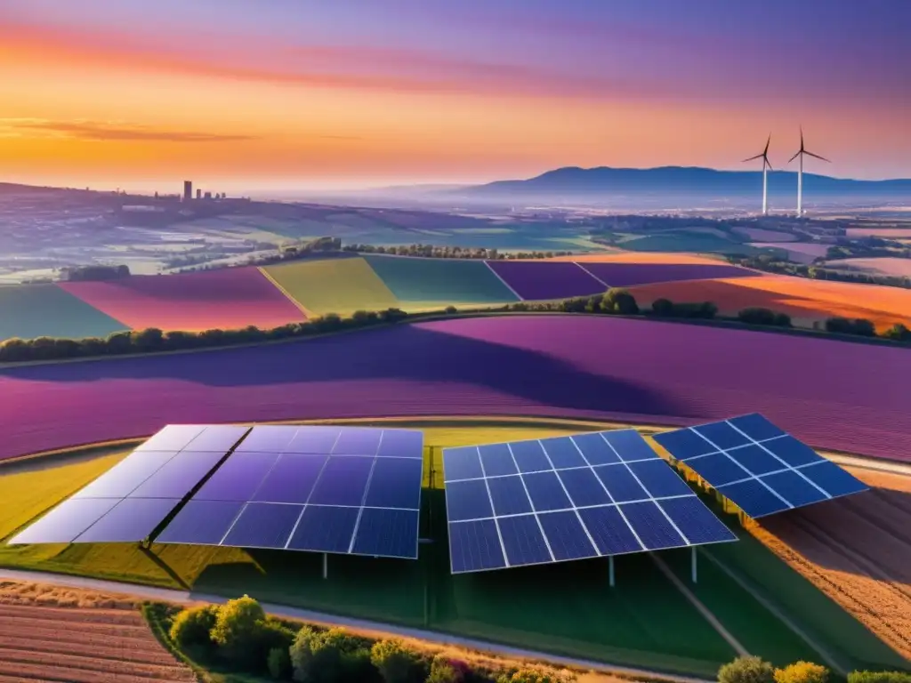 Un paisaje con paneles solares al atardecer, reflejando progreso y tecnología sostenible