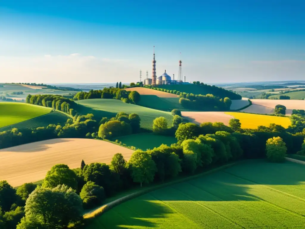 Un paisaje rural bañado por la cálida luz del sol, con campos verdes, una casa entre árboles y torres 5G integradas