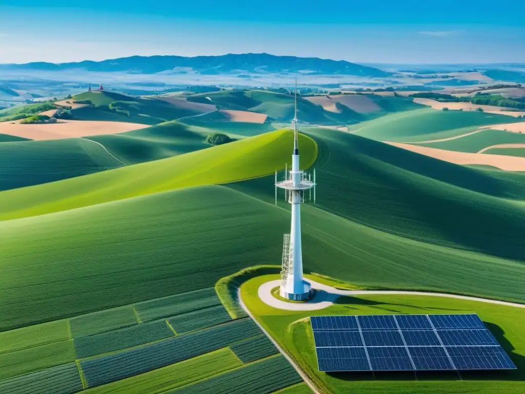 Un paisaje rural con colinas verdes y un cielo azul, destaca una torre 5G en primer plano