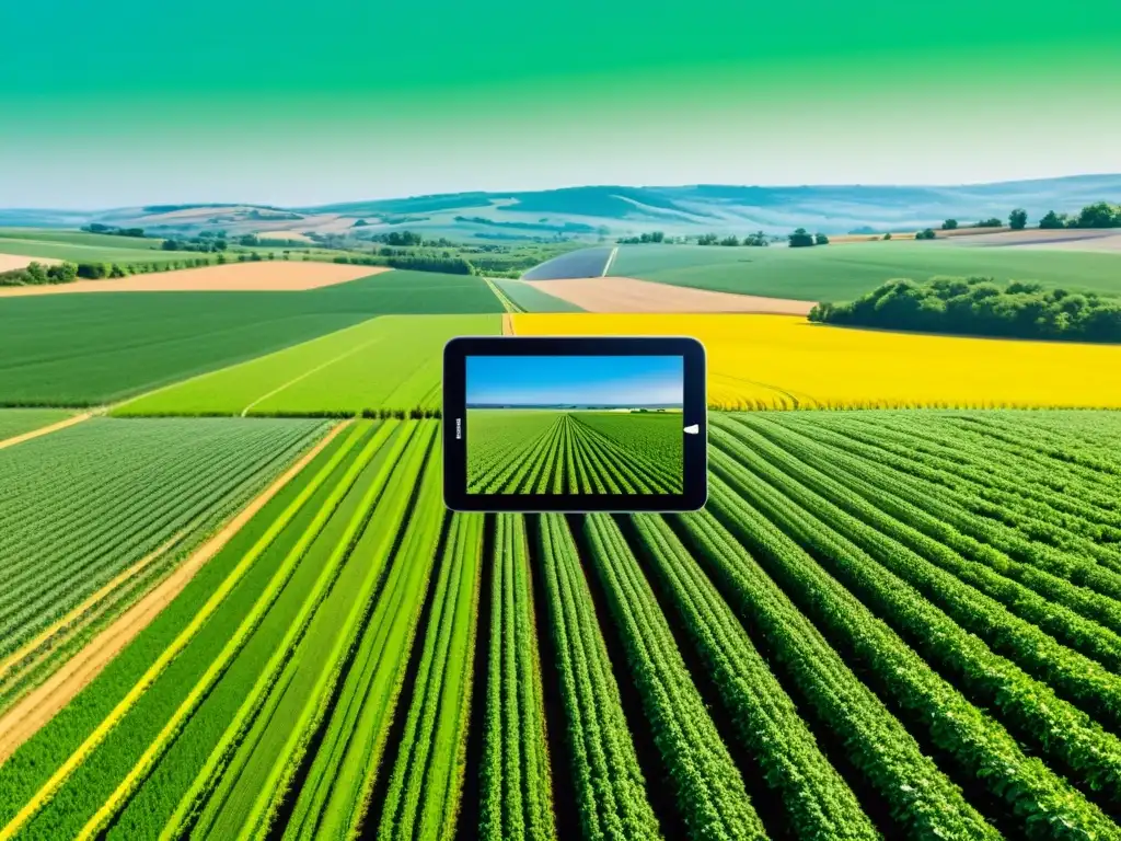 Un paisaje agrícola rural con dispositivos IoT integrados, simbolizando la implementación de IoT en la Agricultura Rural
