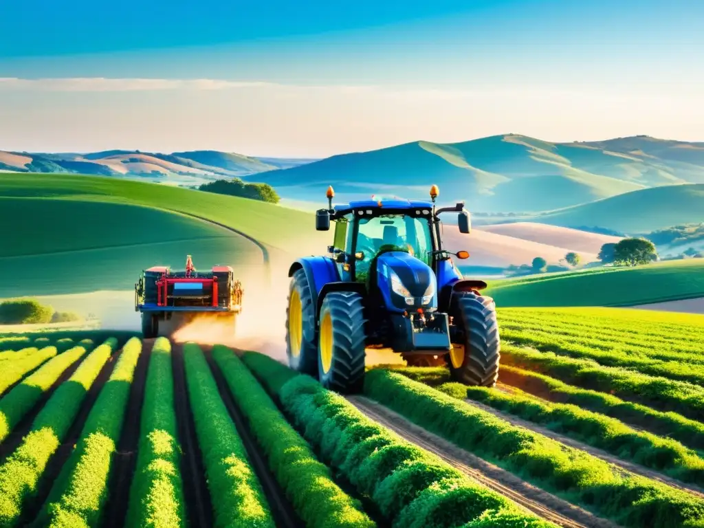 Un paisaje rural extenso con un tractor moderno implementando IoT en la Agricultura Rural, integrando tecnología avanzada en un entorno tradicional