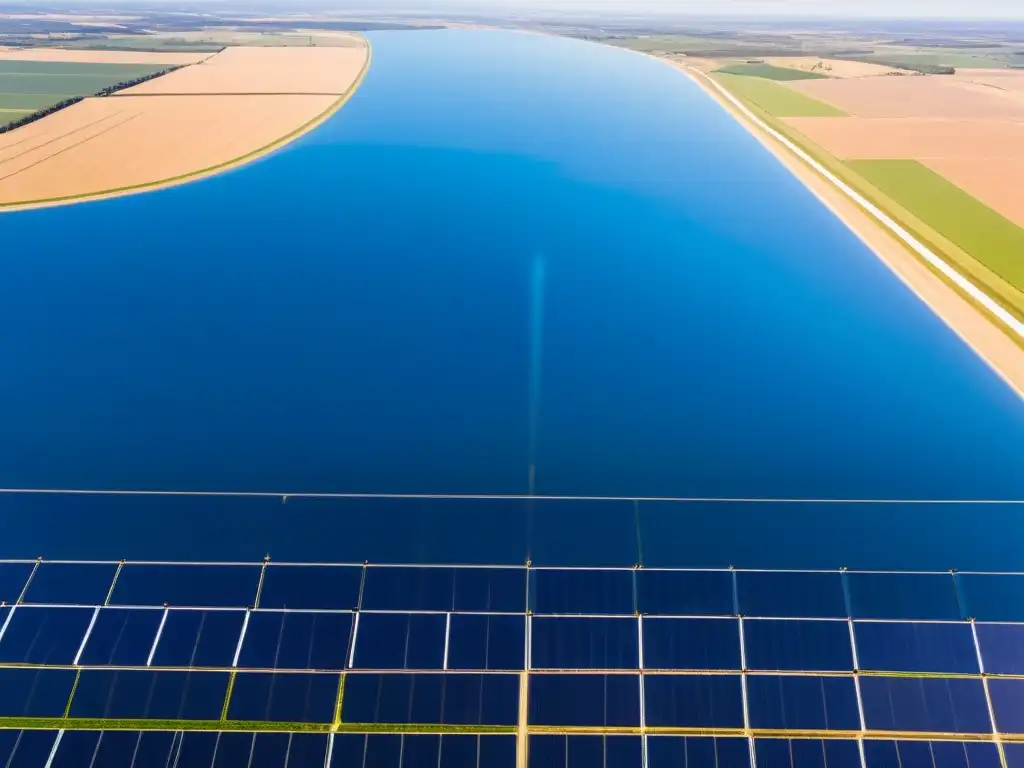 Un paisaje solar brillante y expansivo con paneles relucientes bajo un cielo azul, reflejando la armonía de energías renovables