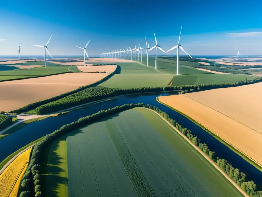 Un paisaje soleado con una moderna granja eólica y comunidades sostenibles, mostrando la transformación energética comunidades mineras