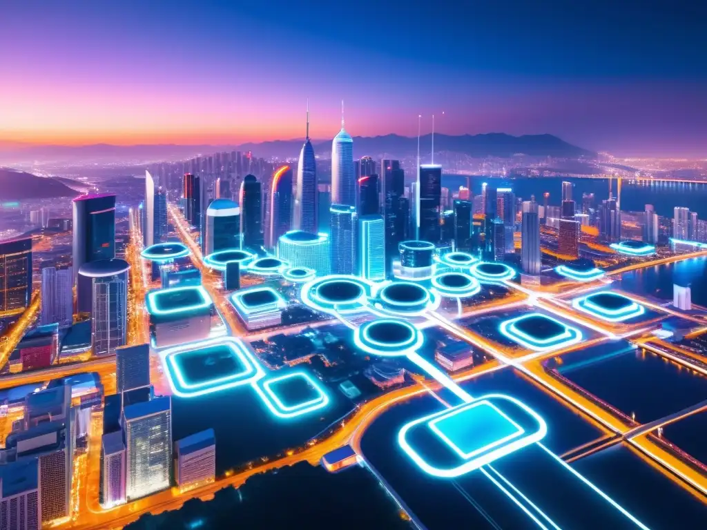 Un paisaje urbano futurista con dispositivos IoT seguros y tecnológicamente avanzados, transmitiendo una sensación de seguridad y avance tecnológico