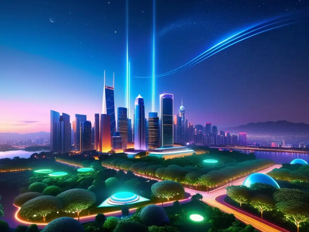 Un paisaje urbano futurista, con luces de neón y naturaleza tecnológica, evoca la inteligencia artificial para alcanzar inmortalidad