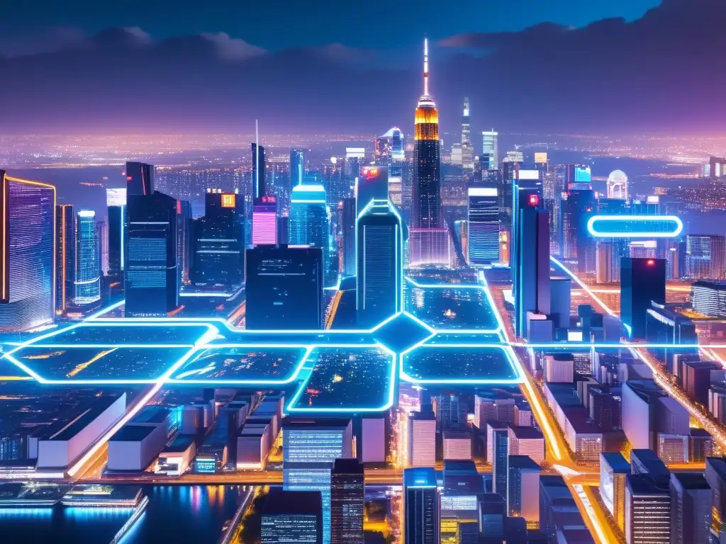 Un paisaje urbano futurista de alta resolución en la noche, con luces de neón y pantallas holográficas iluminando el horizonte