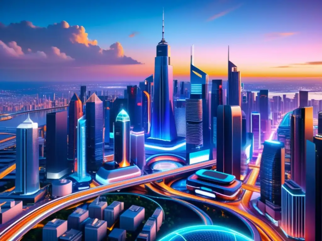 Metrópolis futurista en 8k: luces neón y tecnología avanzada Un paisaje urbano futurista en 8k, con rascacielos, tecnología avanzada y luces de neón