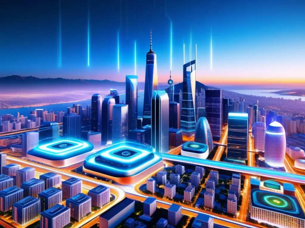 Un paisaje urbano futurista con rascacielos modernos y una red de datos brillante que muestra el impacto de las redes 5G en el desarrollo del IoT