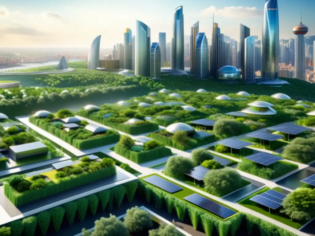 Un paisaje urbano futurista con rascacielos de bioplástico sostenible, diseño moderno y energía renovable