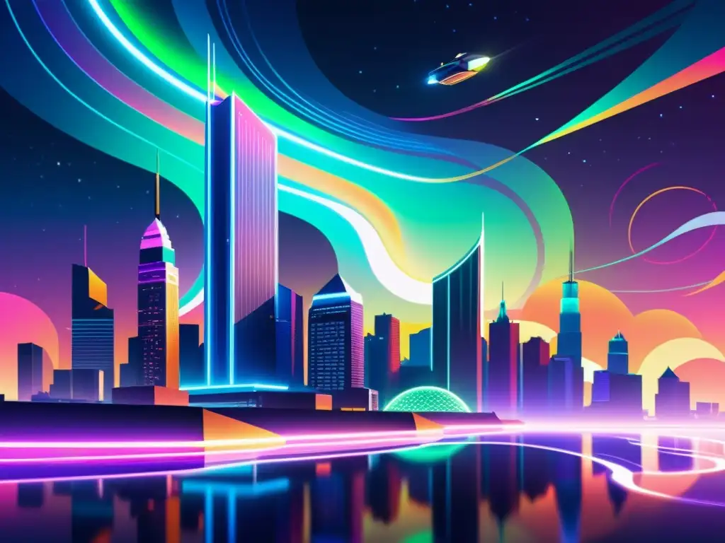 Un paisaje urbano futurista con rascacielos interconectados, luces de neón y auroras multicolores