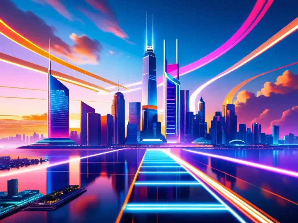 Un paisaje urbano futurista con rascacielos metálicos y luces de neón, reflejando la innovación de la inteligencia artificial en la industria creativa