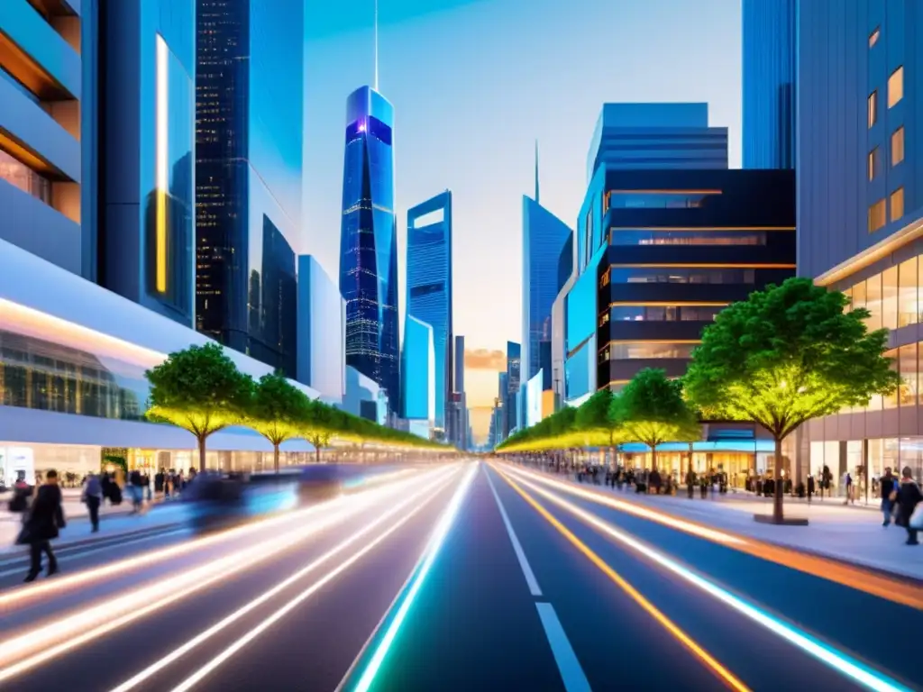 Un paisaje urbano futurista con redes inteligentes para eficiencia energética IoT, mostrando la integración de dispositivos inteligentes en la ciudad