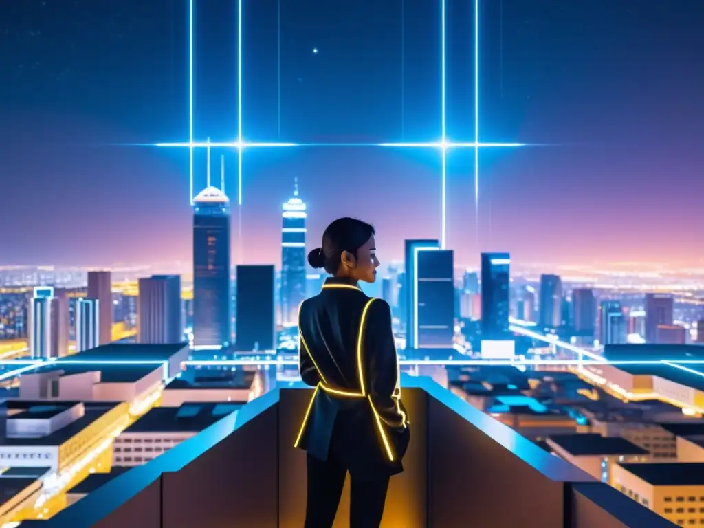 Blockchain protege la privacidad en la ciudad digital futurista Un paisaje urbano futurista con redes blockchain interconectadas que simbolizan la protección de la privacidad online